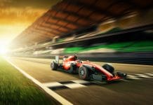 Carro virtual de corrida da Fórmula 1 na linha de chegada