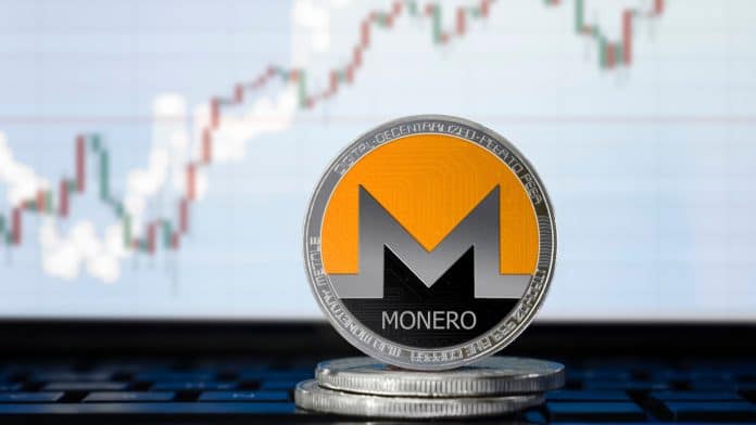 Criptomoeda Monero com gráfico de corretora ao fundo