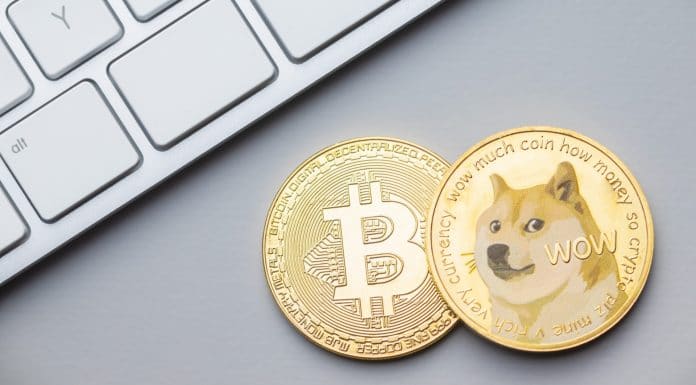 Criptomoedas Bitcoin e Dogecoin próximas de computador, em conceito de tecnologia