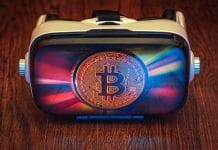 Óculos VR de metaverso com imagem do Bitcoin