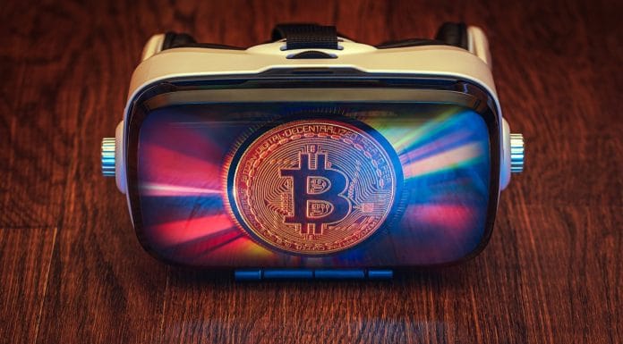 Óculos VR de metaverso com imagem do Bitcoin