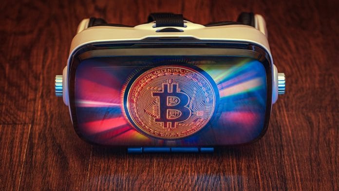 Óculos VR de metaverso com imagem do Bitcoin