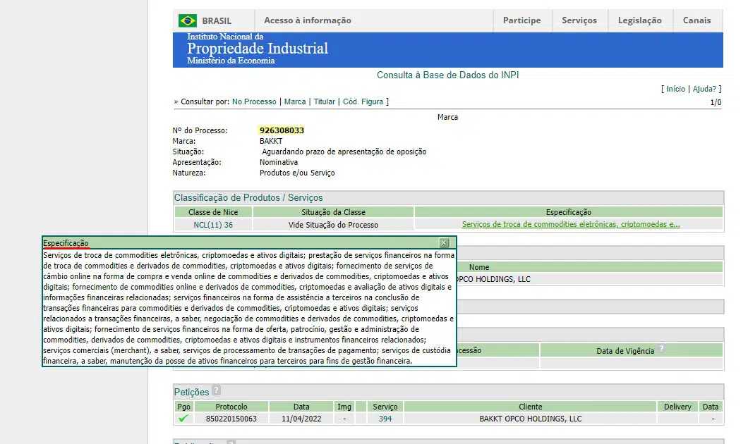 Pedido da Bakkt junto ao INPI no Brasil