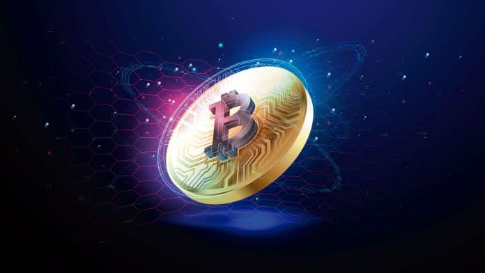 Ilustração de moeda de Bitcoin.