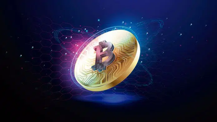 Ilustração de moeda de Bitcoin.
