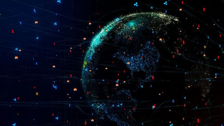 Mundo com diversas criptomoedas.