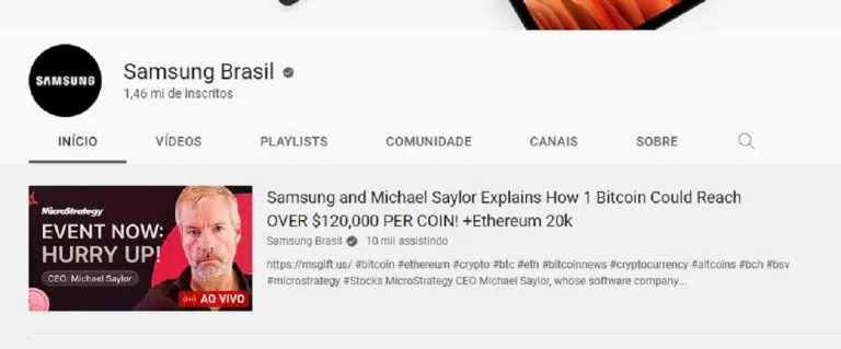 Canal Samsung Brasil no YouTube é hackeado e promove golpe com criptomoedas