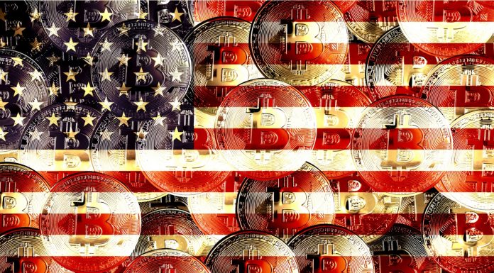 Bandeira dos EUA cheia de bitcoins