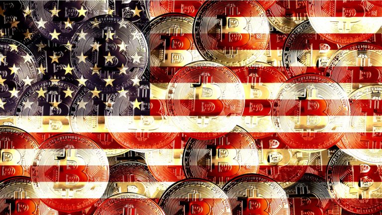 Bandeira dos EUA cheia de bitcoins