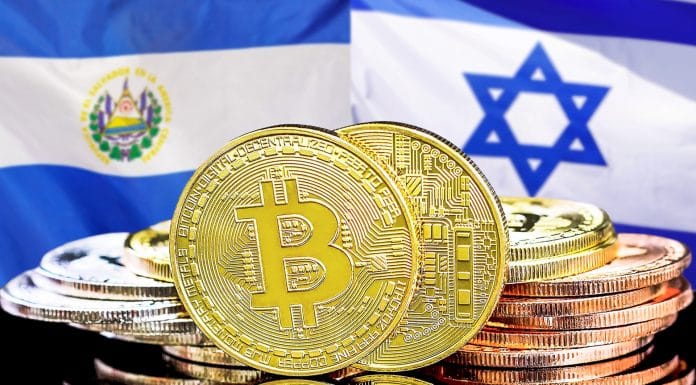Bandeiras de El Salvador e Israel ao fundo com Bitcoin na frente