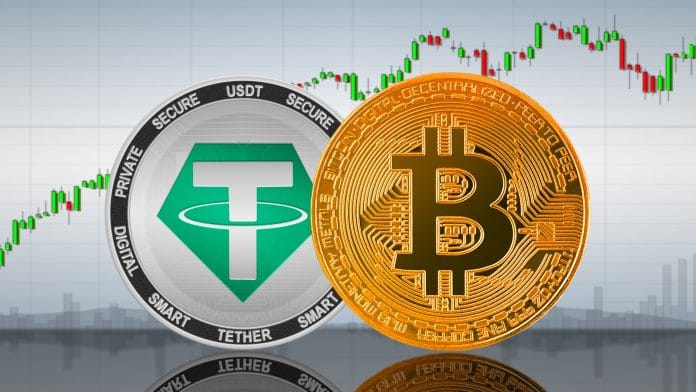 Criptomoedas Tether e Bitcoin em gráfico