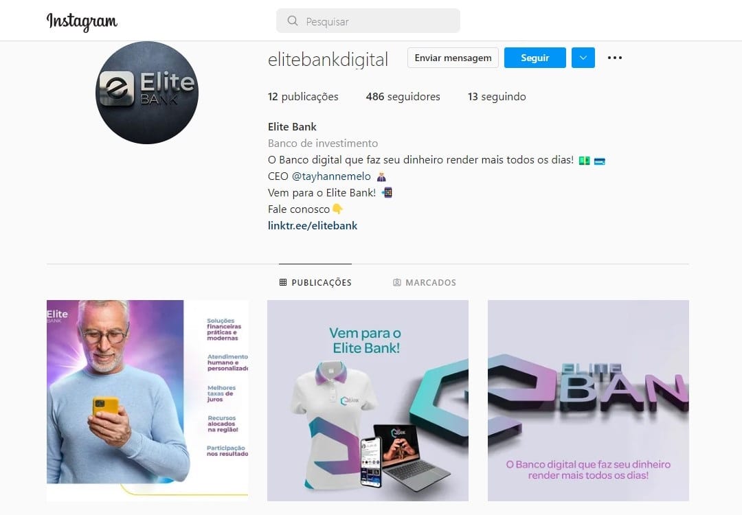 Instagram da empresa Elite Bank prometia rendimentos de 10% ao mês e rentabilidade diária