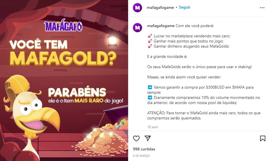 Jogo NFT brasileiro Mafagafo prometia recomprar itens raros por 300 BUSD em tokens do próprio jogo
