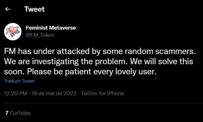 The Metaverso Feminist cryptocurrency profile confirms the hacker attack