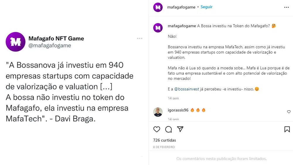 Perfil do Mafagafo compartilhou que Davi Braga disse sobre o investimento no jogo NFT
