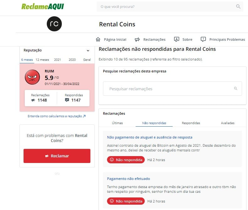 Plataforma Rental Coins é tida de reputação Ruim no Reclame Aqui, com mais de mil reclamações de clientes