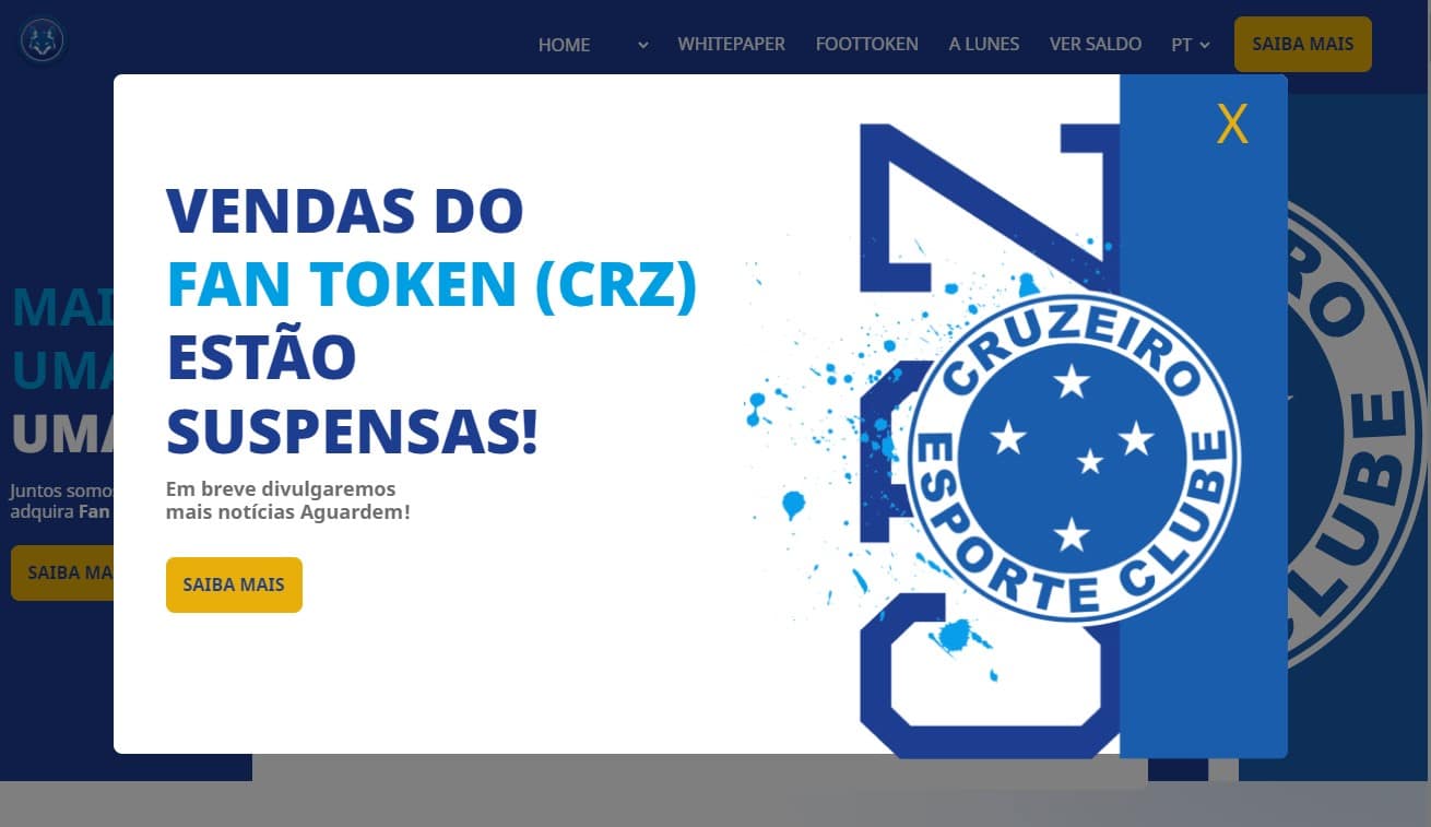 Vendas do fan token do Cruzeiro seguem suspensas