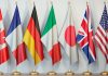 Bandeiras dos países do G7: Canadá, França, Alemanha, Itália, Japão, Reino Unido e EUA.