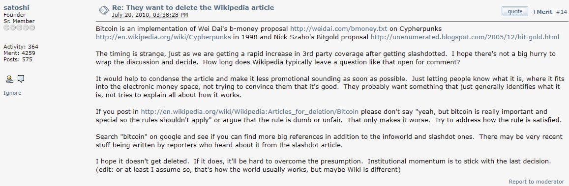 Satoshi Nakamoto, criador do Bitcoin, pedindo ajuda para manter a página do Bitcoin na Wikipédia.