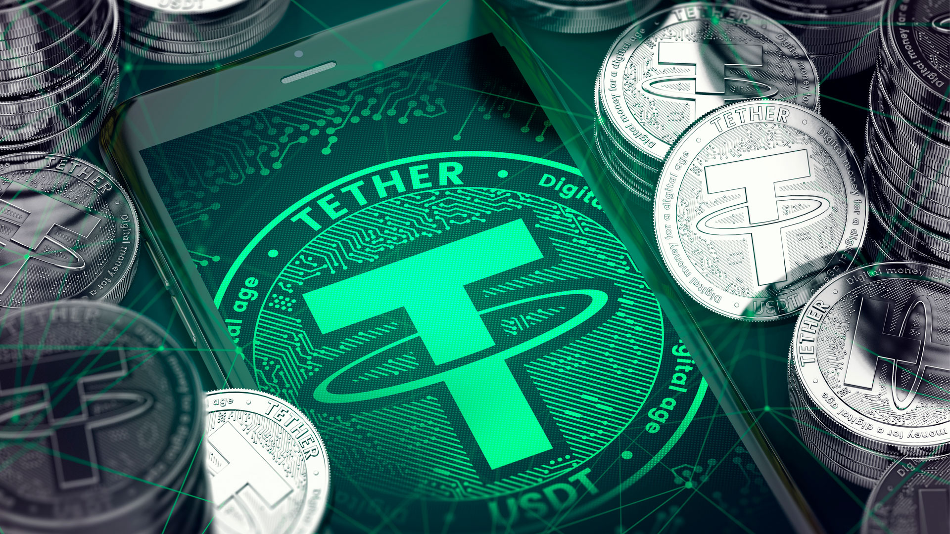 Moedas físicas da stablecoin Tether (USDT).