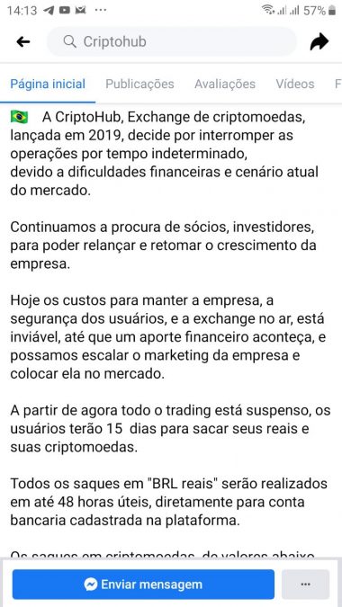 Comunicado de fim das operações da CryptoHub, ex-corretora e donos de criptomoedas que atuou no Brasil