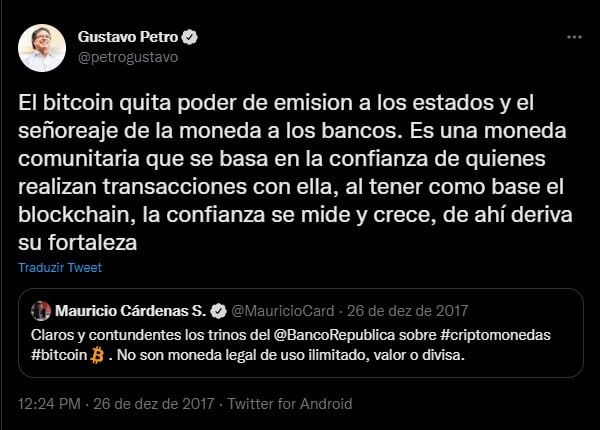 Presidente da Colômbia, Gustavo Petro, em 2017 defendeu o bitcoin como moeda promissora