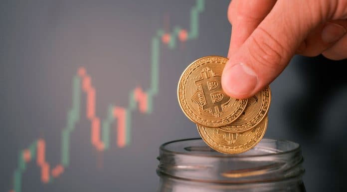Investidor de Bitcoin guardando moedas.