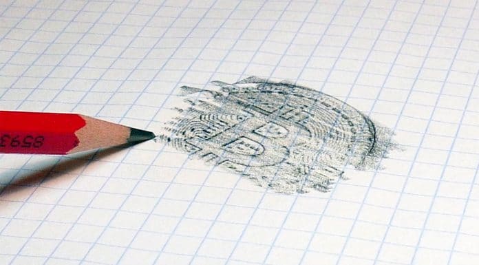 Desenho a lápis de moeda de Bitcoin.