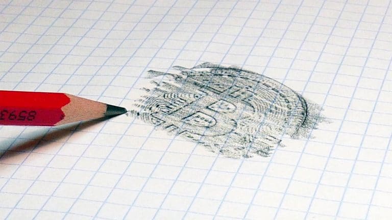 Desenho a lápis de moeda de Bitcoin.