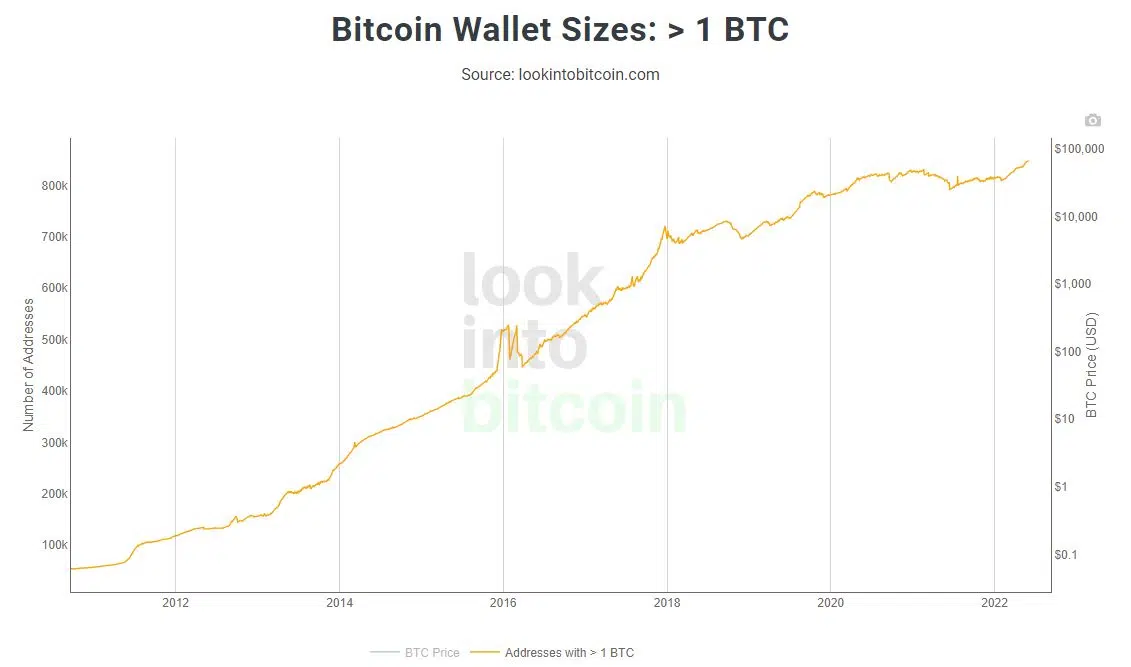 Gráfico com endereços com mais de 1 Bitcoin (BTC)