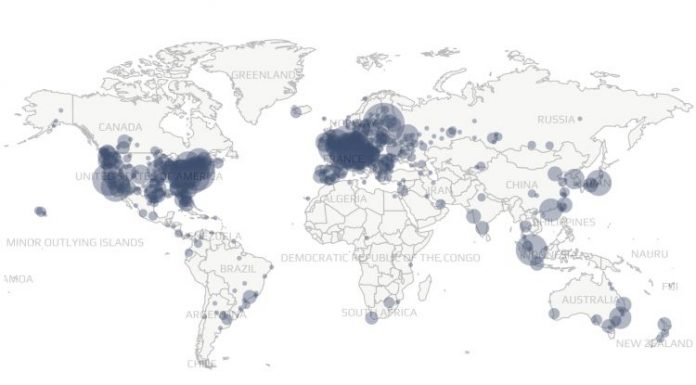 Nós de Bitcoin ao redor do mundo.