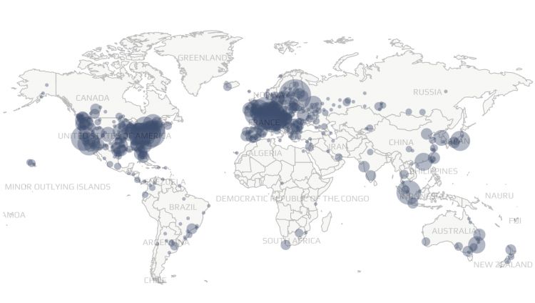 Nós de Bitcoin ao redor do mundo.