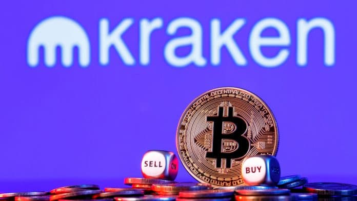 Logotipo da Kraken e criptomoeda Bitcoin.