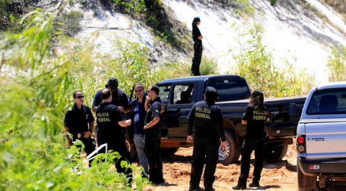 Agentes da Polícia Federal do Brasil são vistos durante ação em operação de repressão à extração clandestina