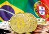 Bandeiras do Brasil e de Portugal com Bitcoin na frente