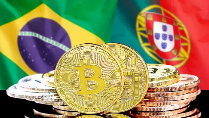 Bandeiras do Brasil e de Portugal com Bitcoin na frente