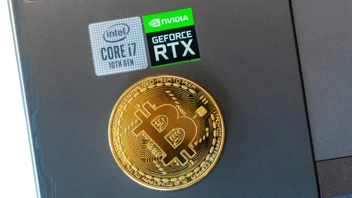 Bitcoin sobre computador com símbolo da Nvidia e Intel próximos