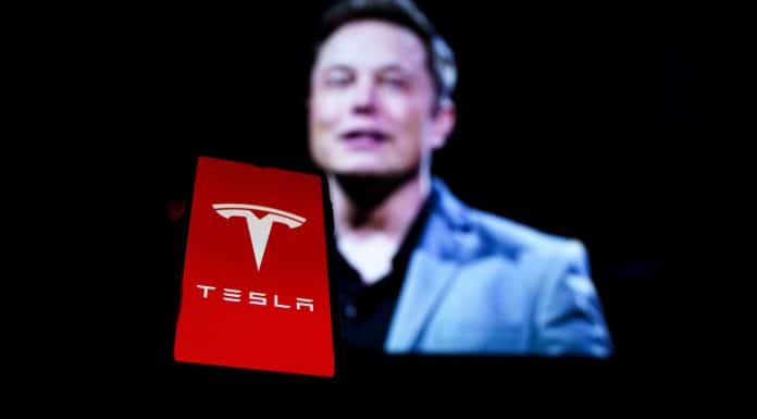 Elon Musk ao fundo, aplicativo da Tesla na frente