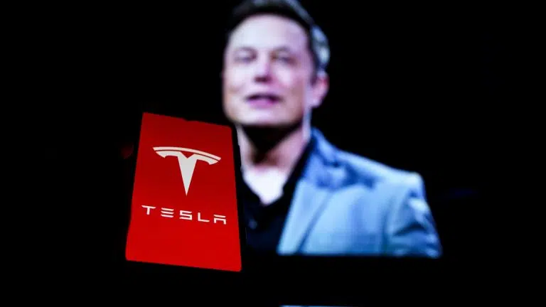 Elon Musk ao fundo, aplicativo da Tesla na frente