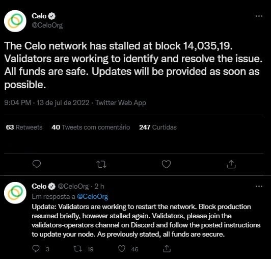 Twitter da Celo informa que rede travou, mas que soluções já estão sendo buscadas