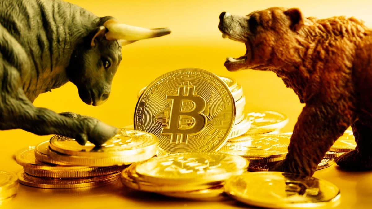 Moeda de Bitcoin entre touro e urso.
