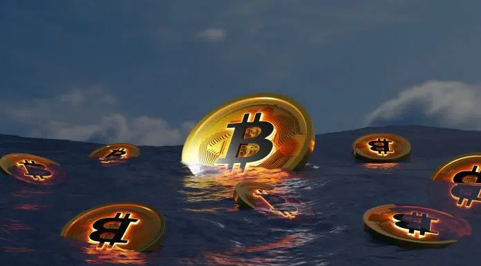 Moedas de Bitcoin boiando no mar.