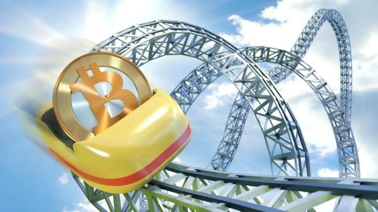 Bitcoin em montanha russa, simbolizando variação de preço.