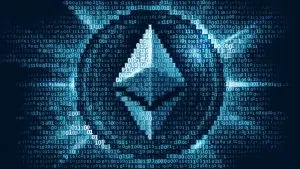 Logotipo do Ethereum em código binário.