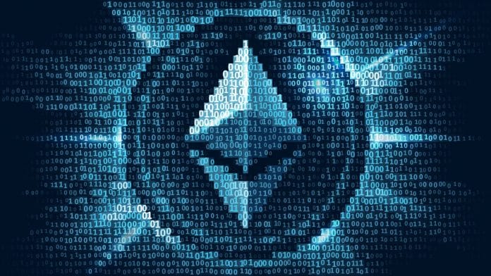 Logotipo do Ethereum em código binário.