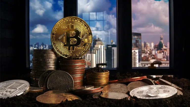 Cultivando bitcoin e criptomoedas em apartamento próximo de janela