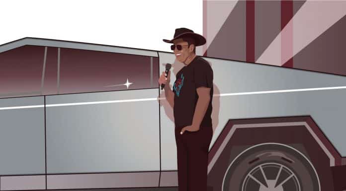 Elon Musk em desenho, próximo de Cybertruck da Tesla