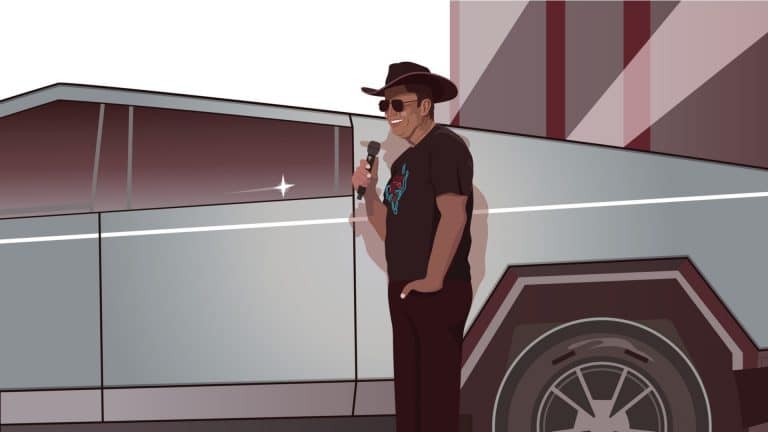 Elon Musk em desenho, próximo de Cybertruck da Tesla