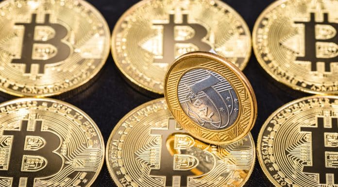 Moeda de 1 real sobre Bitcoins, moeda digital