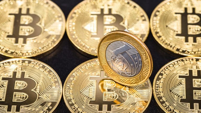 Moeda de 1 real sobre Bitcoins, moeda digital